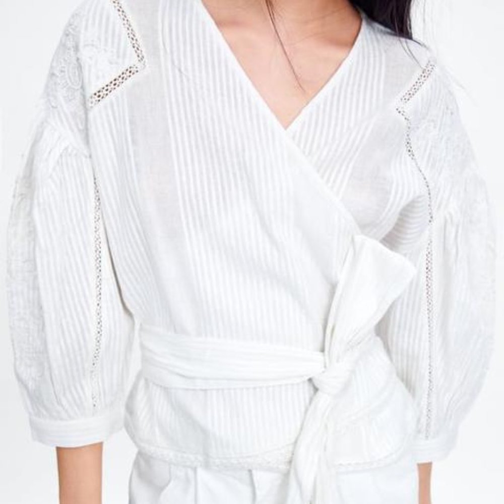 ZARA WHITE LINEN BLEND BEADED EMBELLISHED EMBROIDERED WRAP BLOUSE $59.90